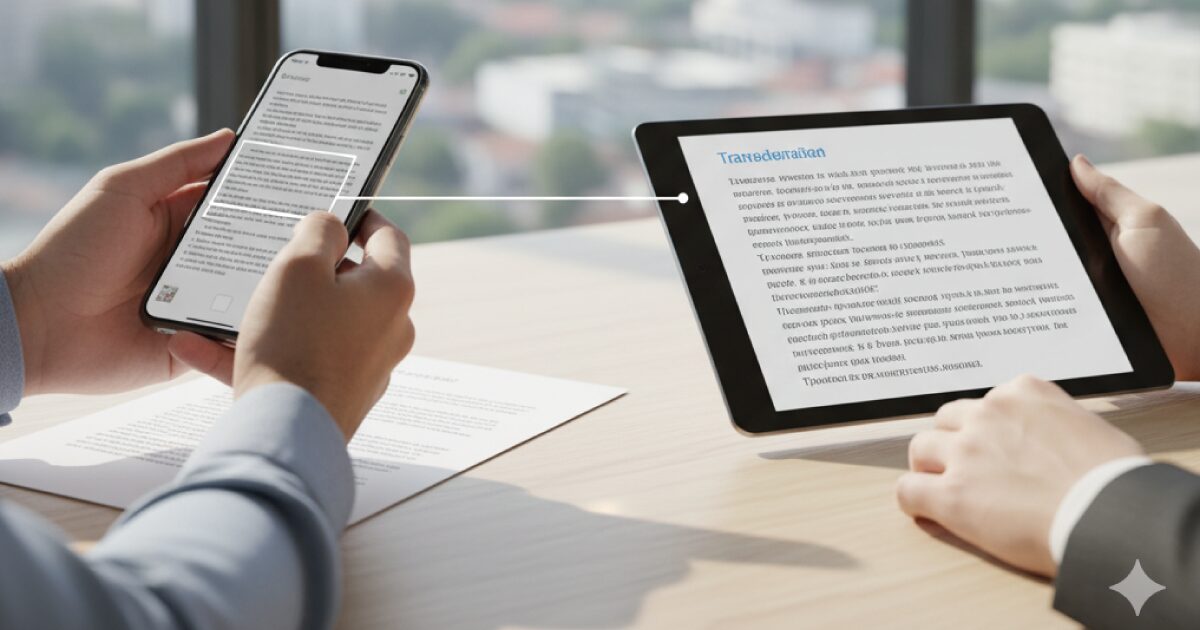 スマホで書類をスキャンし、翻訳している様子